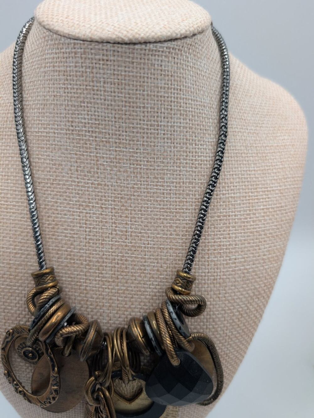 Chico's Statement Necklace Mixed Metal Charm Pendant Black Faceted Bead Fashion
